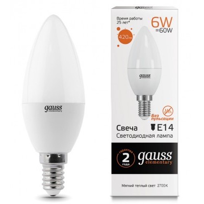 Лампа "Gauss" LED Elementary свеча 6W E14/27