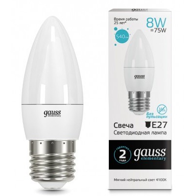 Лампа "Gauss" LED Elementary свеча 8W E27 4100К