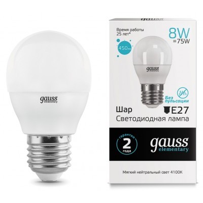 Лампа "Gauss" LED Elementary шар 8W E27 4100К